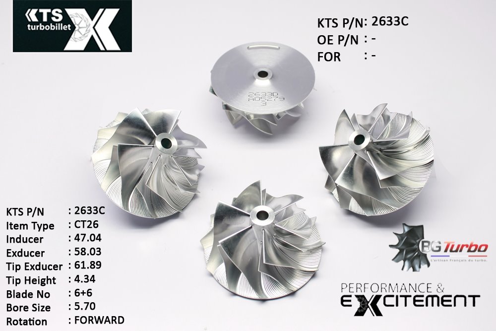 Turbo ROUE FORGÉE MFS PERFORMANCE - 6+6 PALES - INDUCER : 47,04 - EXDUCER : 58,03 - TYPE : CT26ANGLE : 60° - ROTATION : Forward - SUPER BACK : 1,04 - BORE SIZE : 5,7
